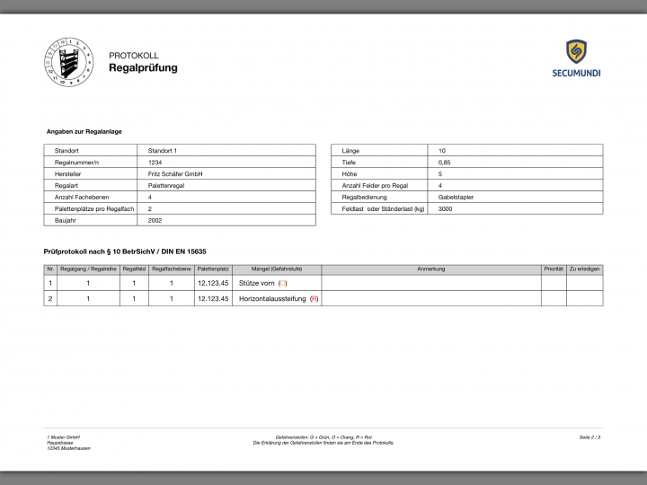 Prüfbericht der Regalprüfung als PDF Datei. Sofort nach dem Erstellen versandfertig per Mail